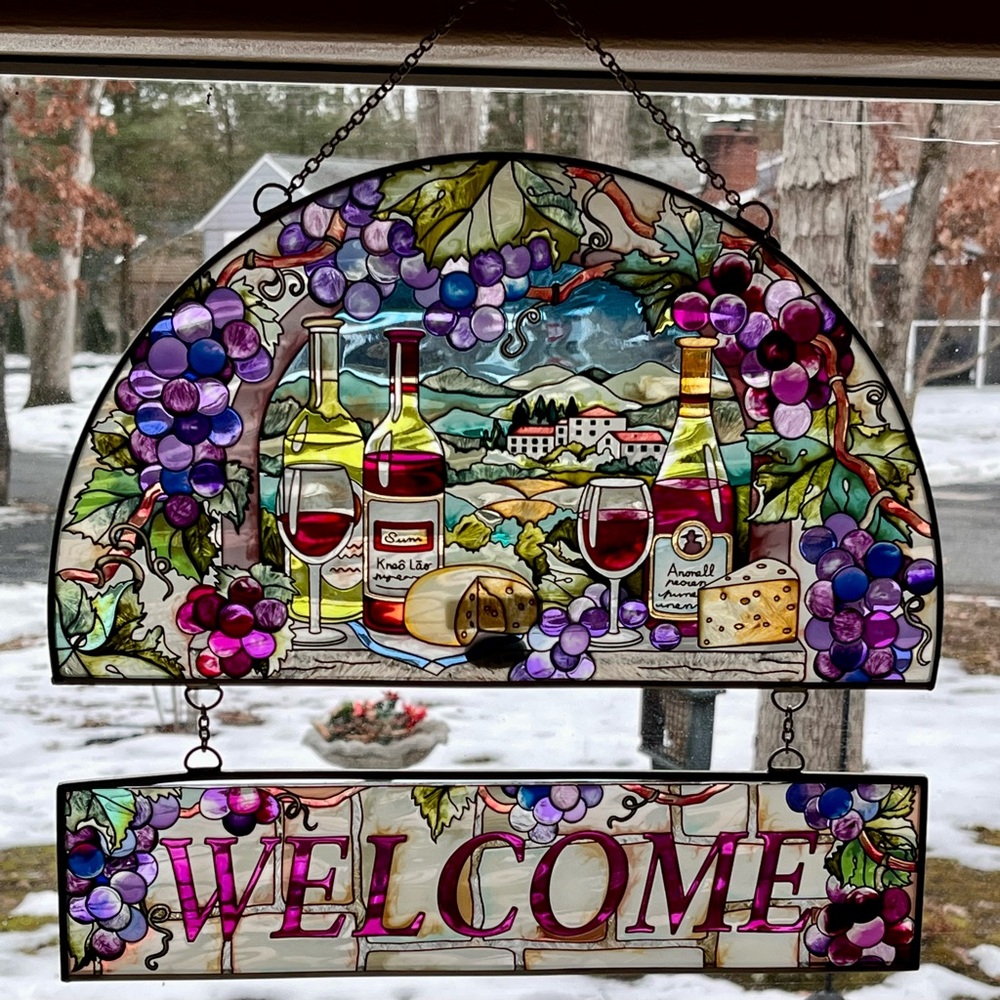 Vintage Amia Paul Brent Sun Catcher Vineyard Wine Cheese Grapes Welcome Sign